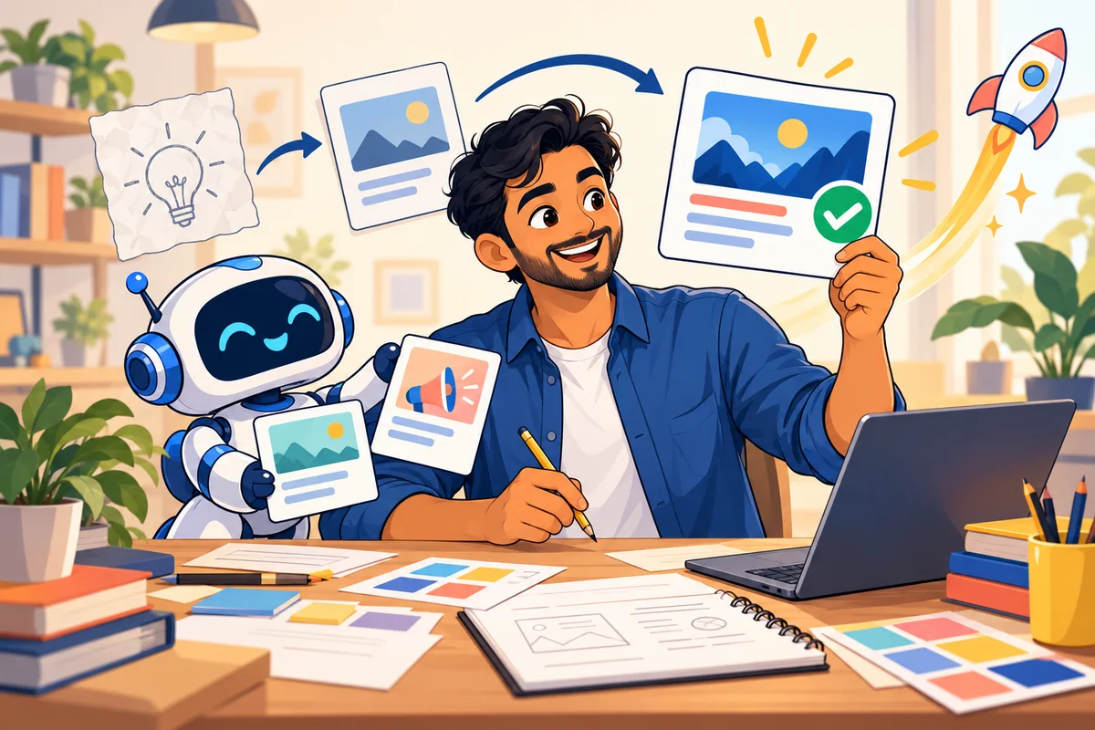 A cartoon assistant and business owner planning marketing content together.